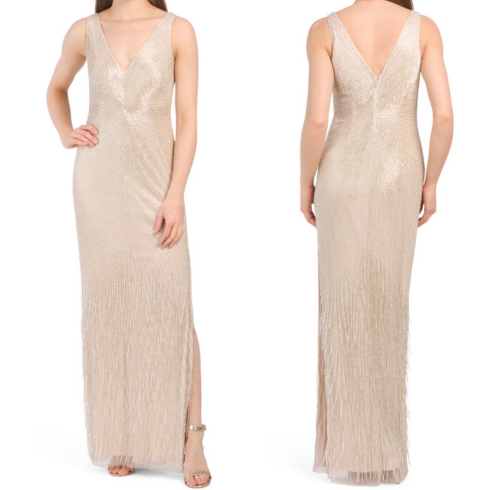 Aidan Mattox fringes V-Neckline sleeveless beaded gown dress - Picture 1 of 16